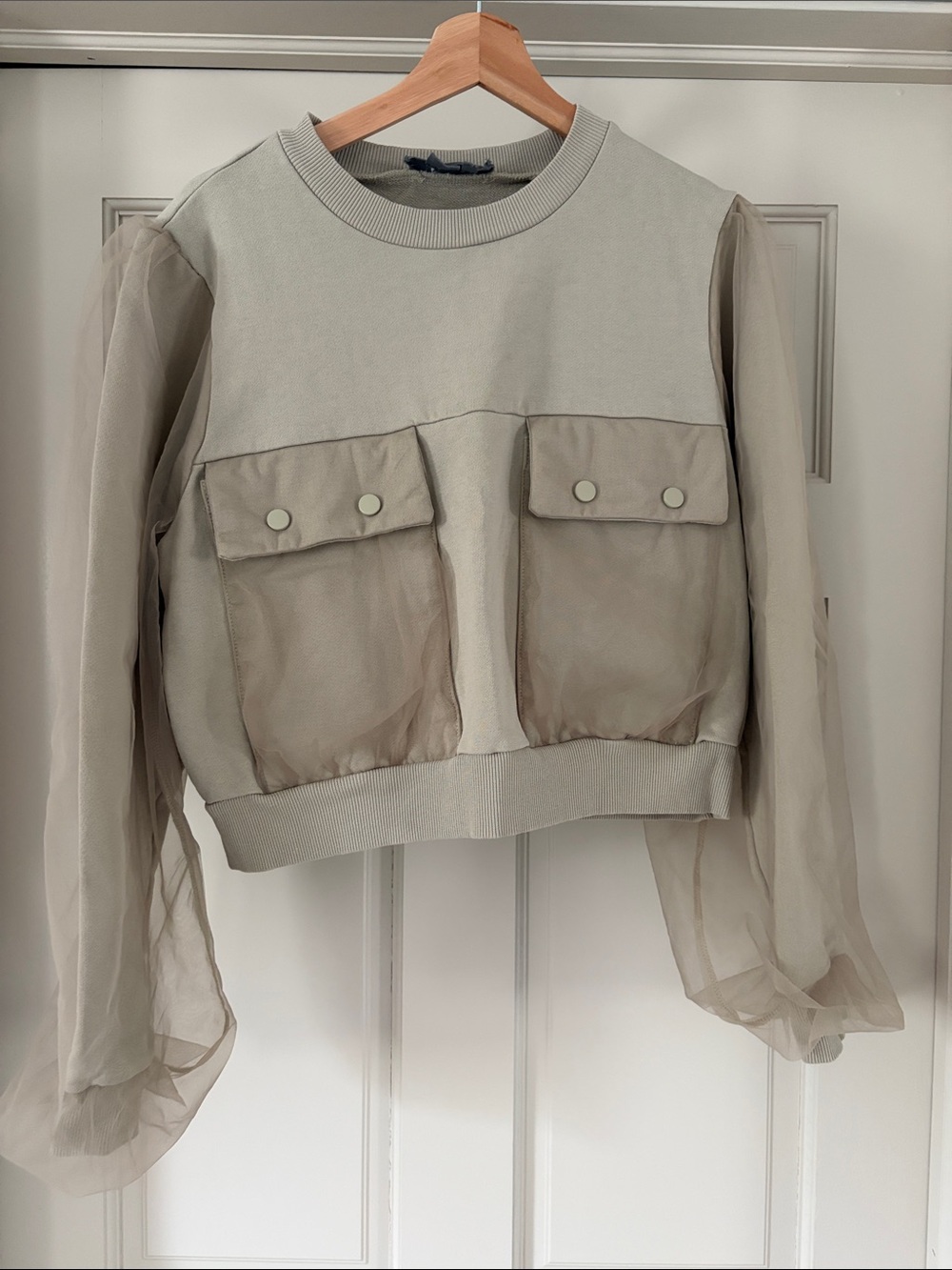 Anthropologie cropped sweatshirt with sheer sleeve overlay
